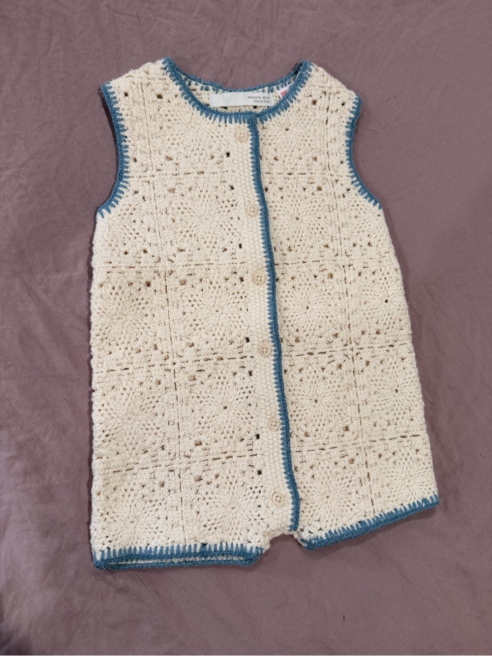 ZARA Cream Crochet Baby Romper with Blue Trim